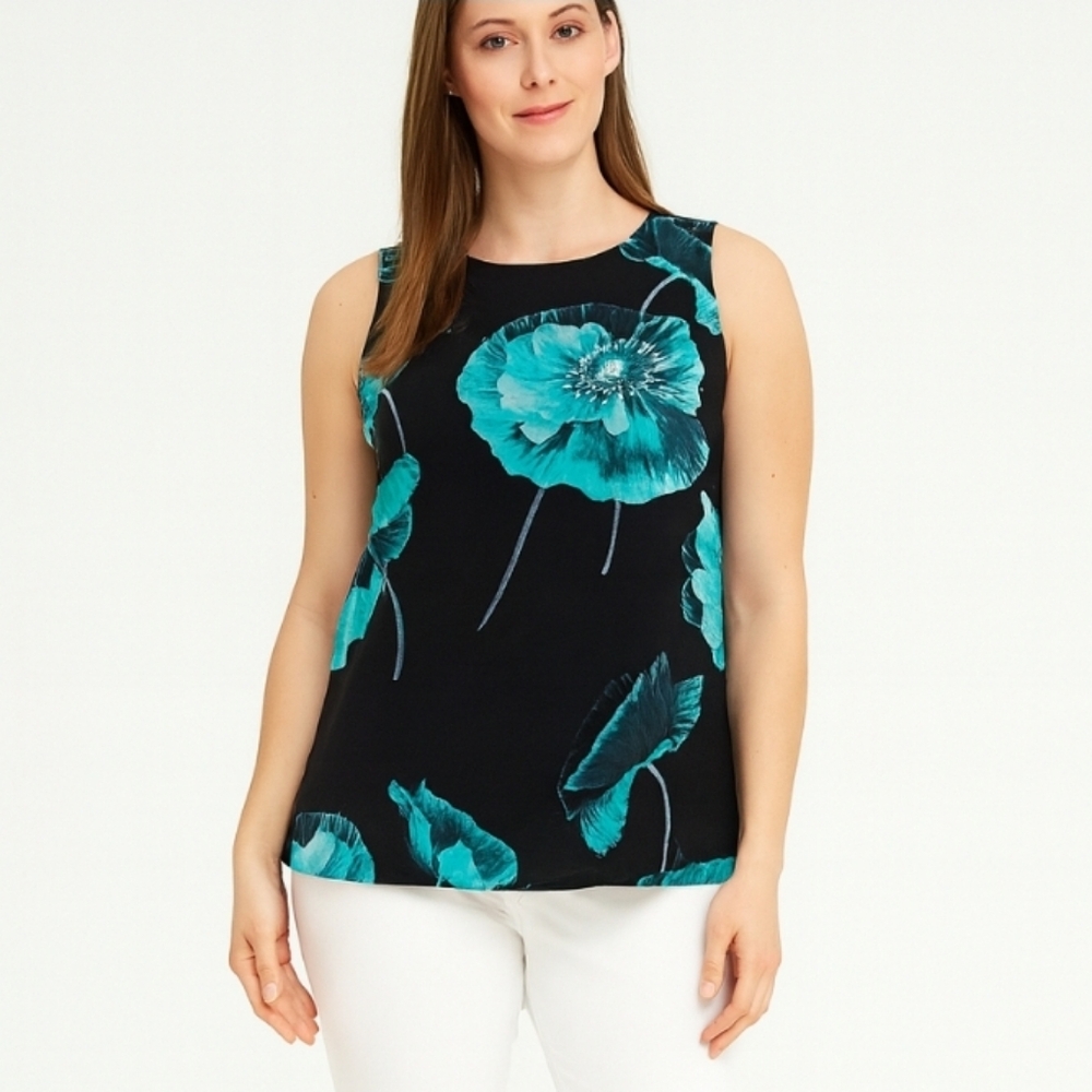 Alfani Black Sleeveless Sheer Lined Top Green Poppies Scoop Neck, Size S/M